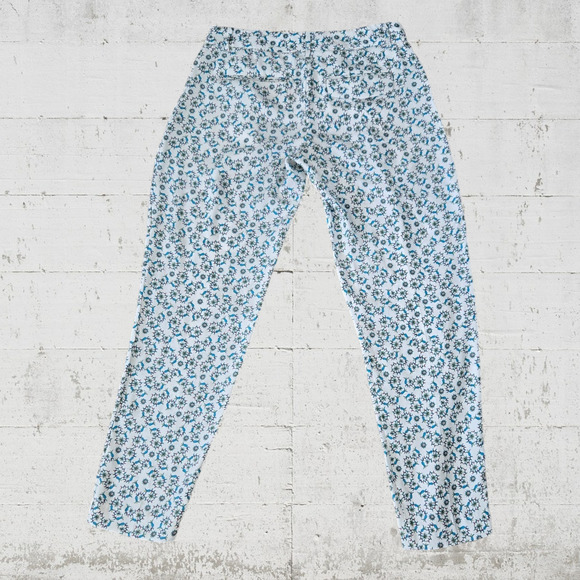 Theory White Blue Floral Silk Mid Rise Tapered Boho Whimsy Pants Trousers Size 0 - Picture 11 of 11